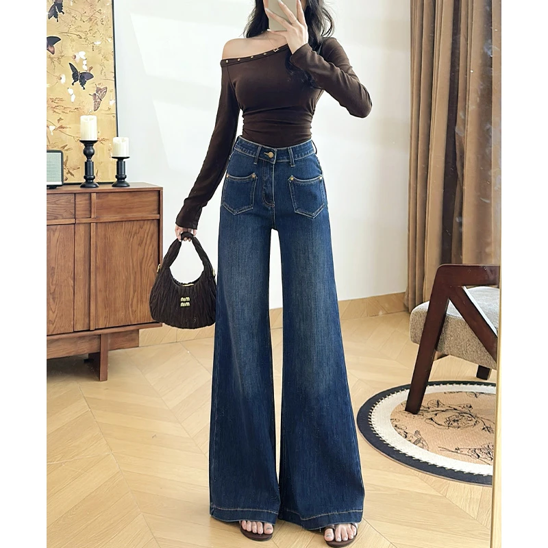 乔栈复古蓝阔腿微喇牛仔裤女2025年秋季加绒新款高腰不贴腿显瘦裤