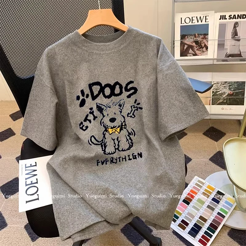 灰色2025新款欧货卡通小狗短袖t恤女大版洋气休闲上衣ins