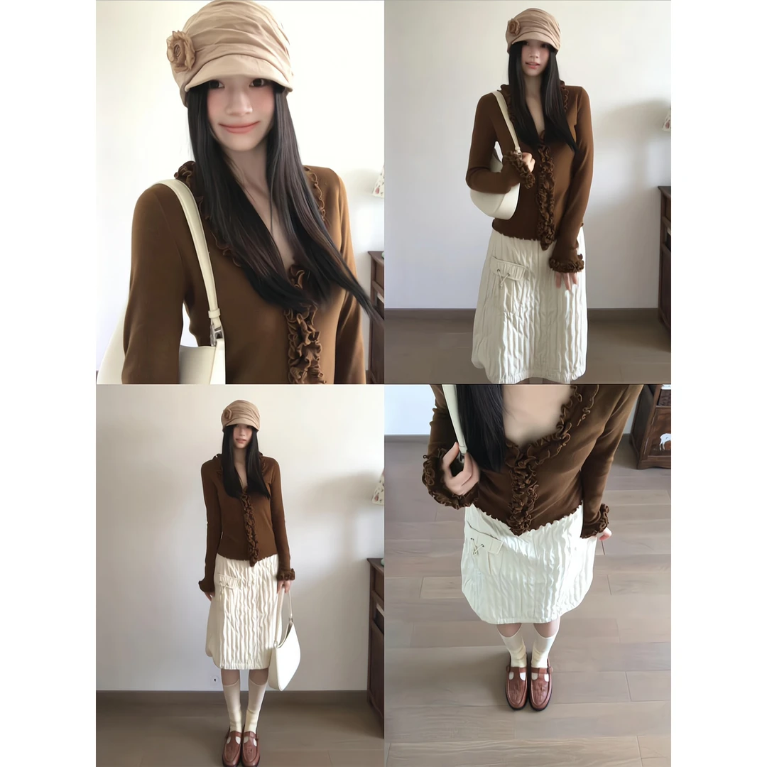 荷叶边长袖花边针织衫收腰内搭上衣肌理褶皱条纹花苞中长裙半身裙