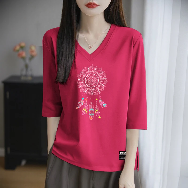 新款春夏季上衣女装百搭洋气文艺显瘦胖妹妹纯棉大码V领五分袖t恤