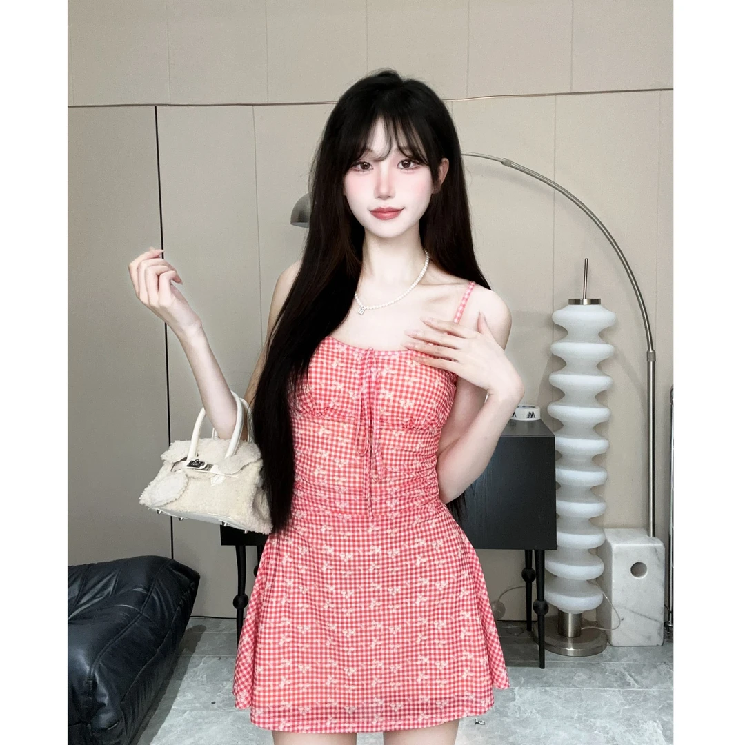 无袖复古格子粉色连衣裙格纹小众修身甜美收腰