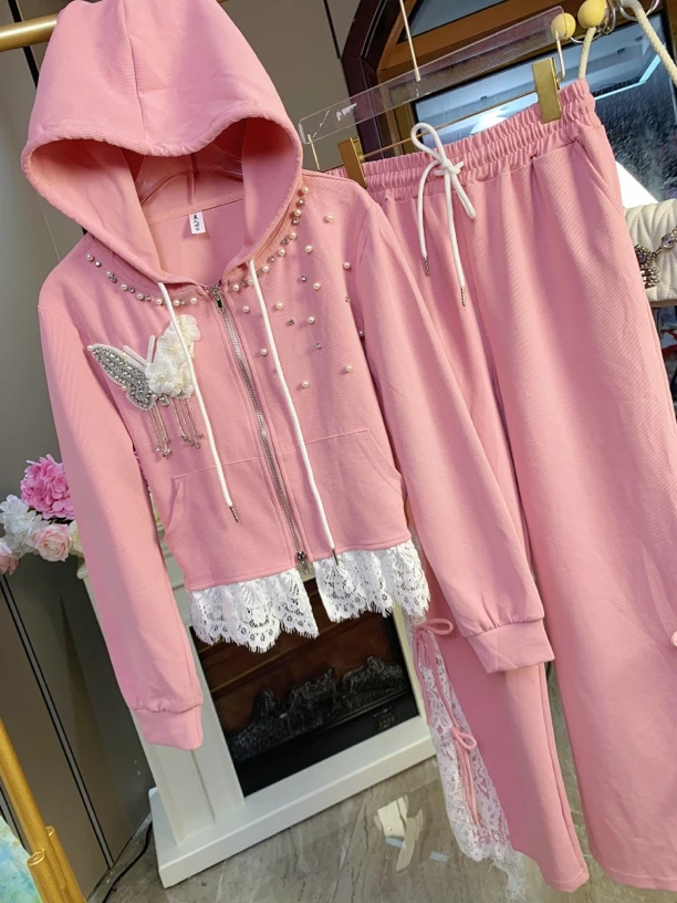 气质轻奢连帽蝴蝶蕾丝边外套长裤时尚休闲设计师两件套套装