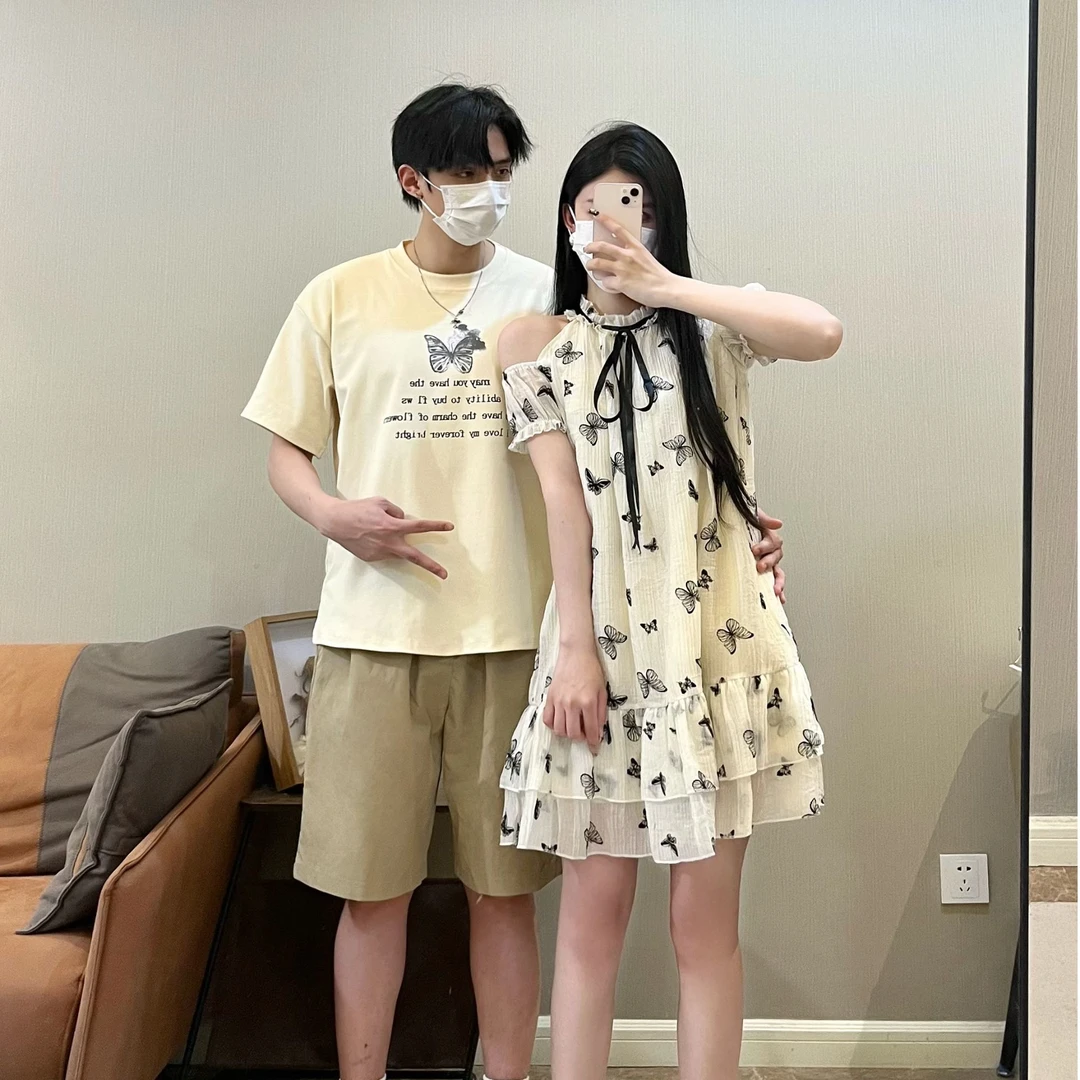 情侣装夏季小众设计感蝴蝶印花宽松休闲女连衣裙男短袖一裙一衣