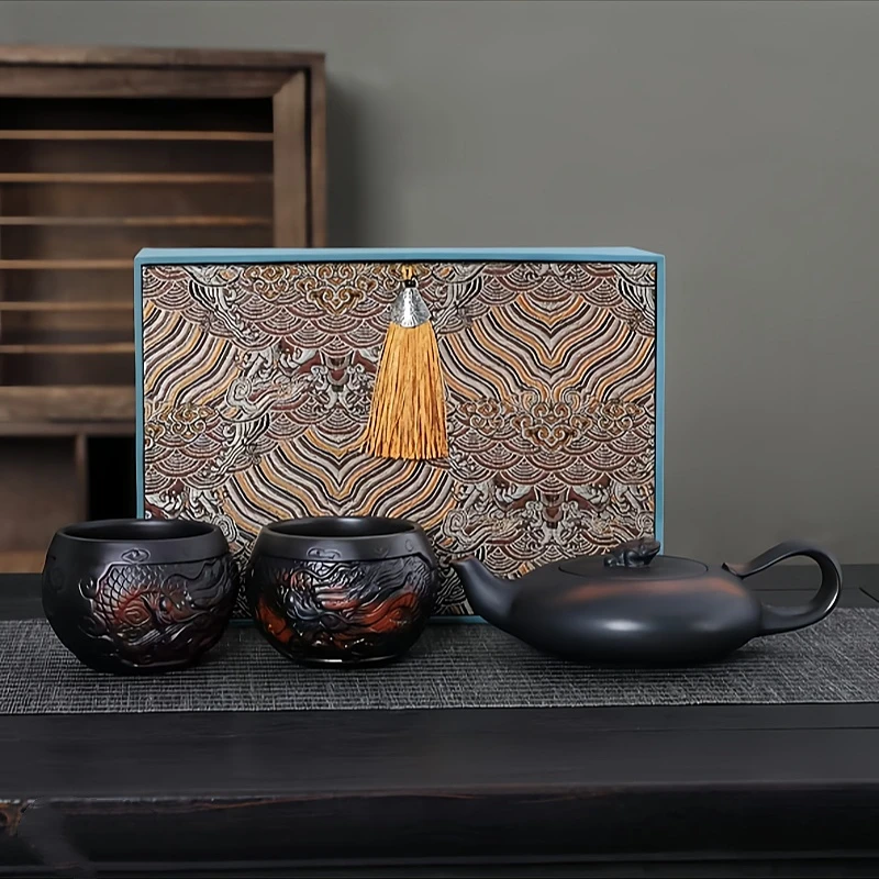 原矿紫陶金蝉泡茶壶凤鸣壶招财壶满工满雕祥龙杯高端礼盒装礼品