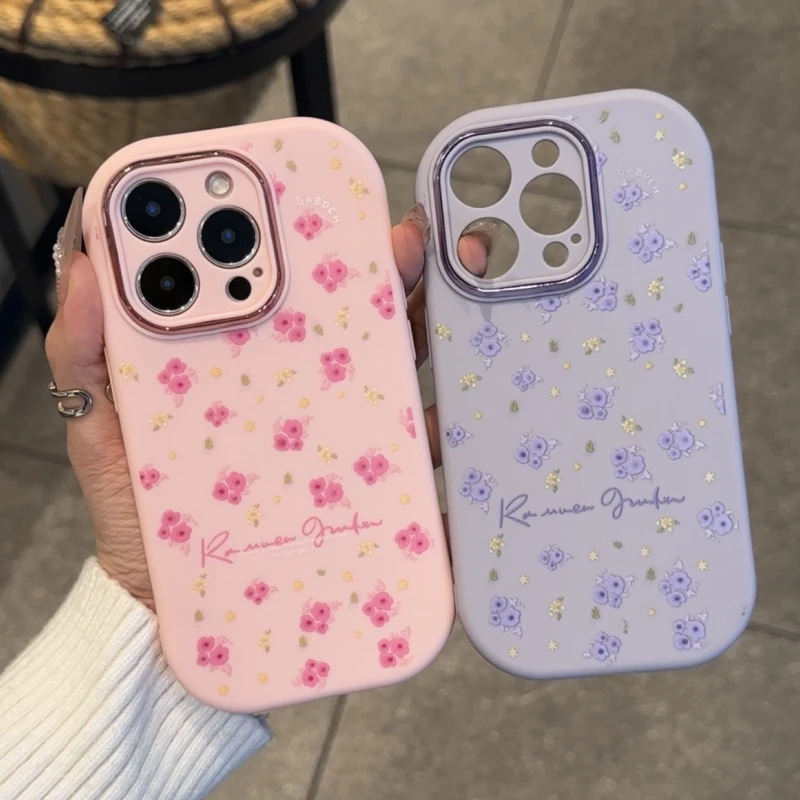 GGbood粉紫英文碎花适用iPhone16精孔胖墩手机壳华为vivo小米oppo