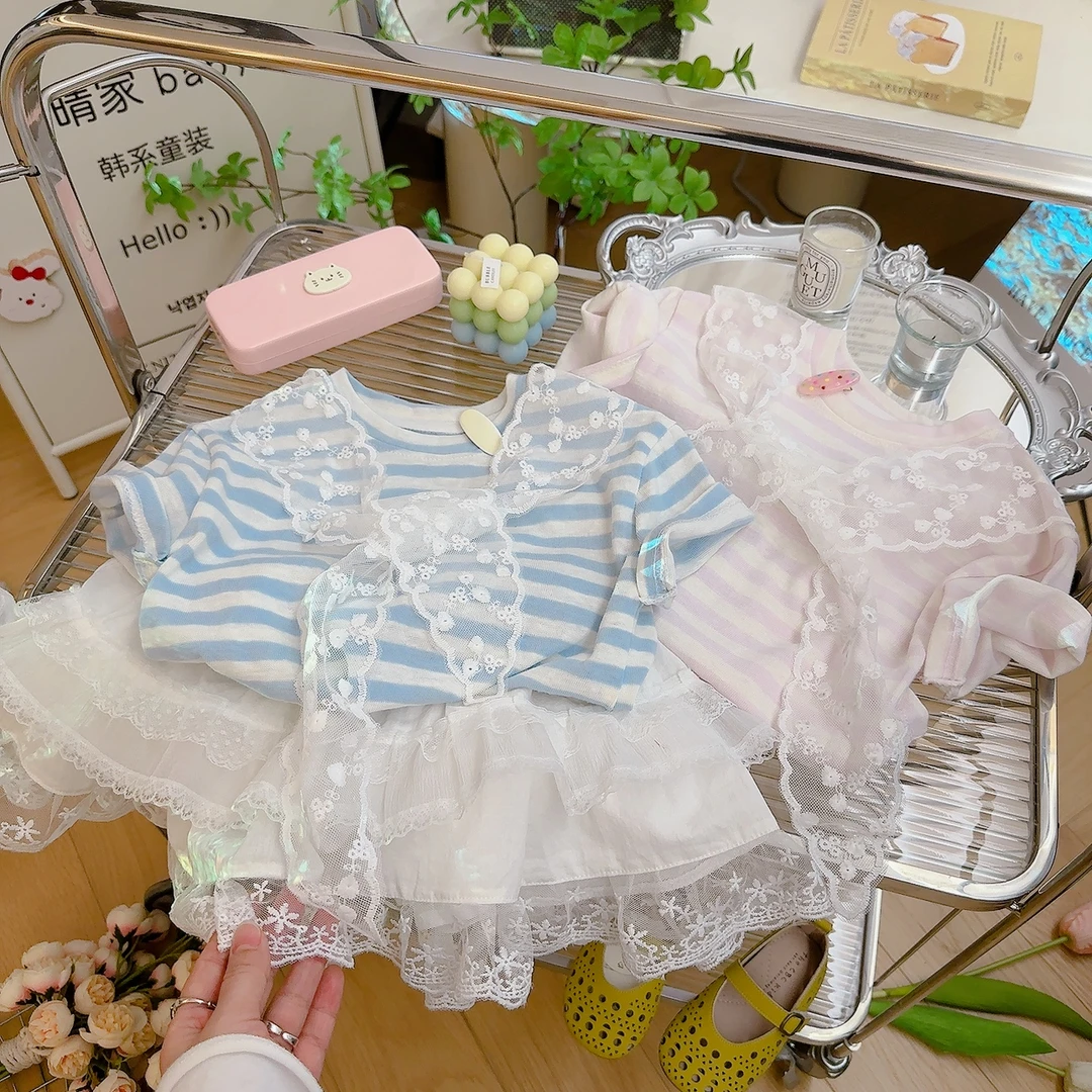 【懒人棉】2025新款女童外穿T恤夏季新款透气蕾丝条纹单上衣短袖