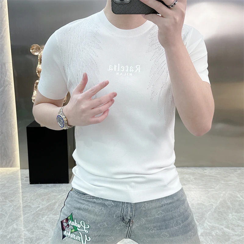 2025夏季新款个性潮牌帅气提花烫钻网红冰丝短袖T恤男半袖针织衫