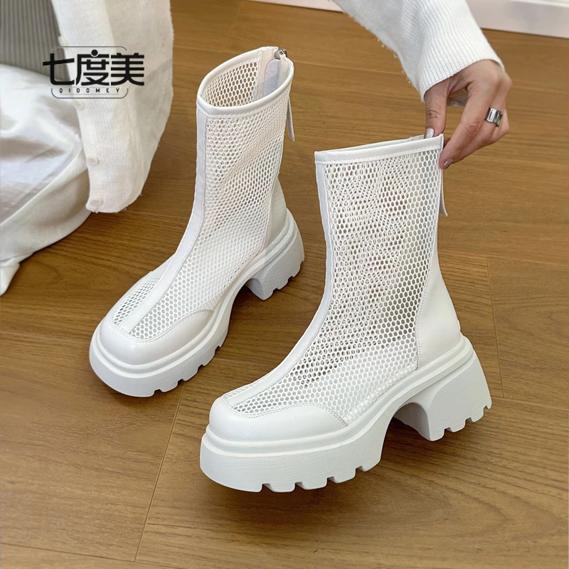 镂空马丁靴女款夏季新款爆款厚底增高透气网面英伦显脚小短靴