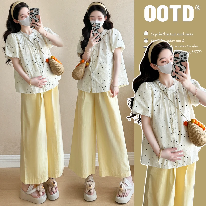 孕妇夏季套装2025新款短袖夏天甜美减龄波点上衣阔腿裤两件套穿搭