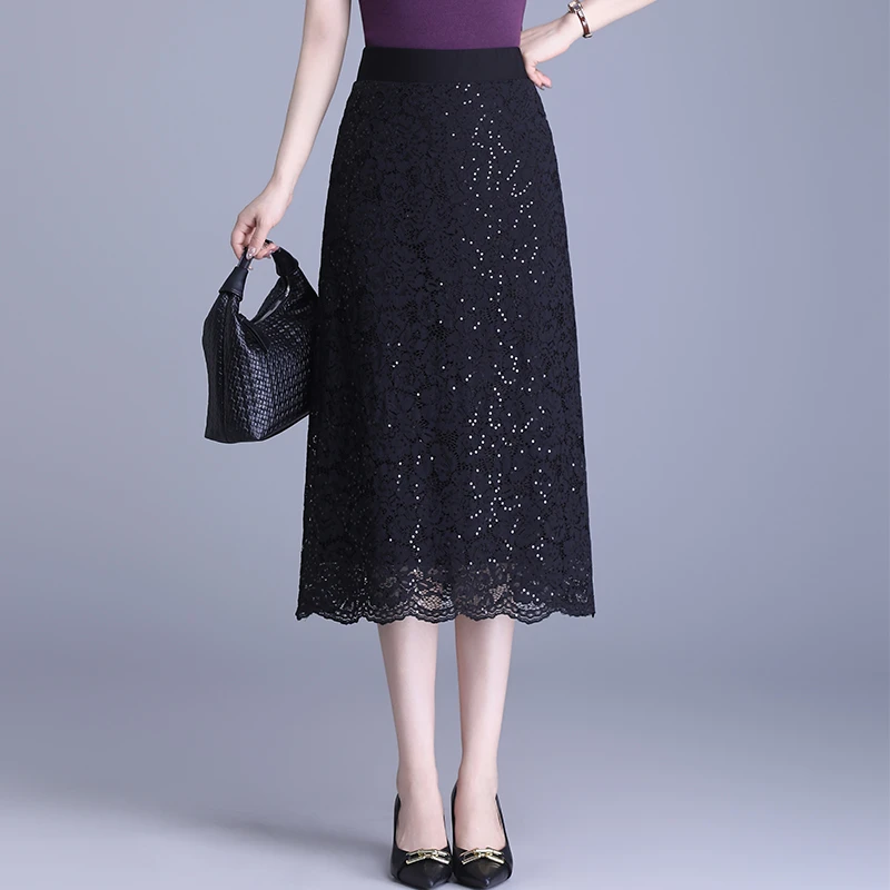 2025新款春夏黑色半身裙a字裙高腰蕾丝中长一步裙时尚气质职业裙