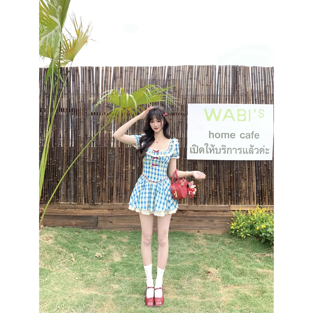 越韩小鱼 恋爱告急 短袖版甜美方领蓝色格子连衣裙法式收腰蓬蓬裙