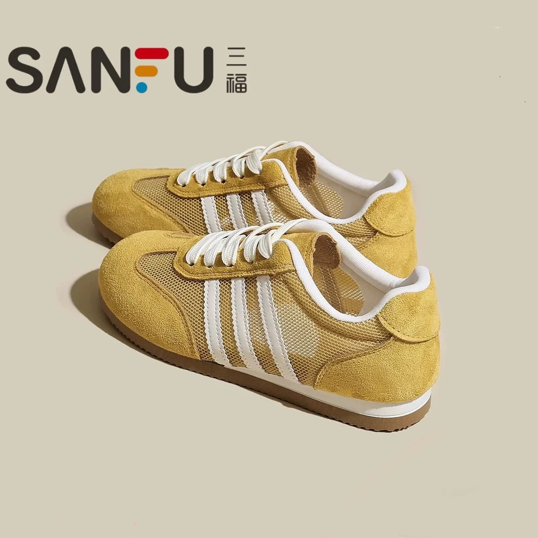 三福真皮德训鞋女2025新款春夏网面透气百搭休闲运动板鞋阿甘鞋子