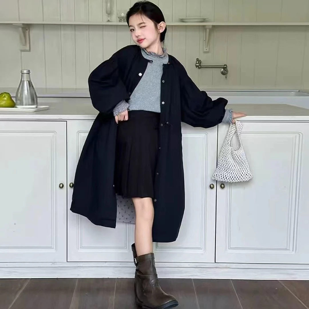 女童时尚圆领收风衣秋装2025新款洋气女孩中长款开衫外套
