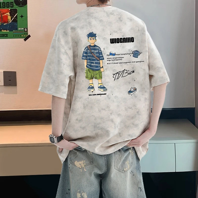 开学季纯棉扎染短袖t恤男生宽松大码美式休闲潮流印花半袖青少年