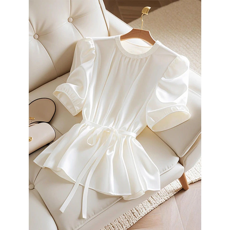 夏轻奢高级感雪纺独特漂亮小衫小清新上衣仙气飘飘白色短袖衬衫女