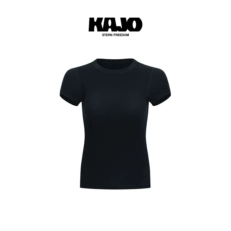 KAJO设计师品牌25S多色女款短款黑色紧身T恤圆领坑条修身夏季