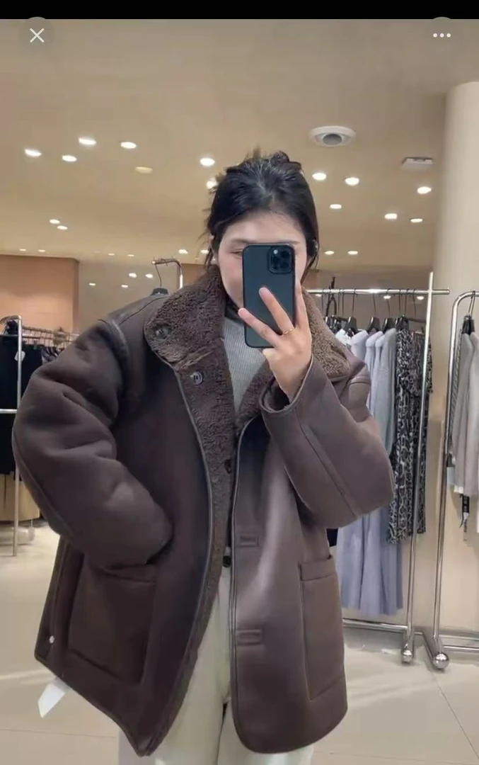 网红百搭机车风皮毛一体女士外套秋冬加绒韩版短款