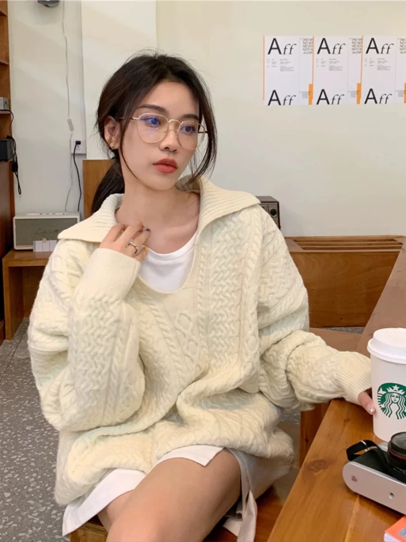 072秋冬新款宽松慵懒感翻领设计感V领简约纯色百搭小众长袖上衣女