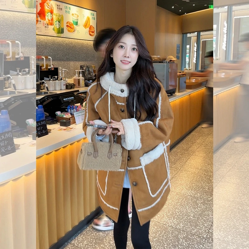 壹壹【圣托里尼日落】秋冬加绒连帽拼接宽松毛毛加厚外套 2310A01