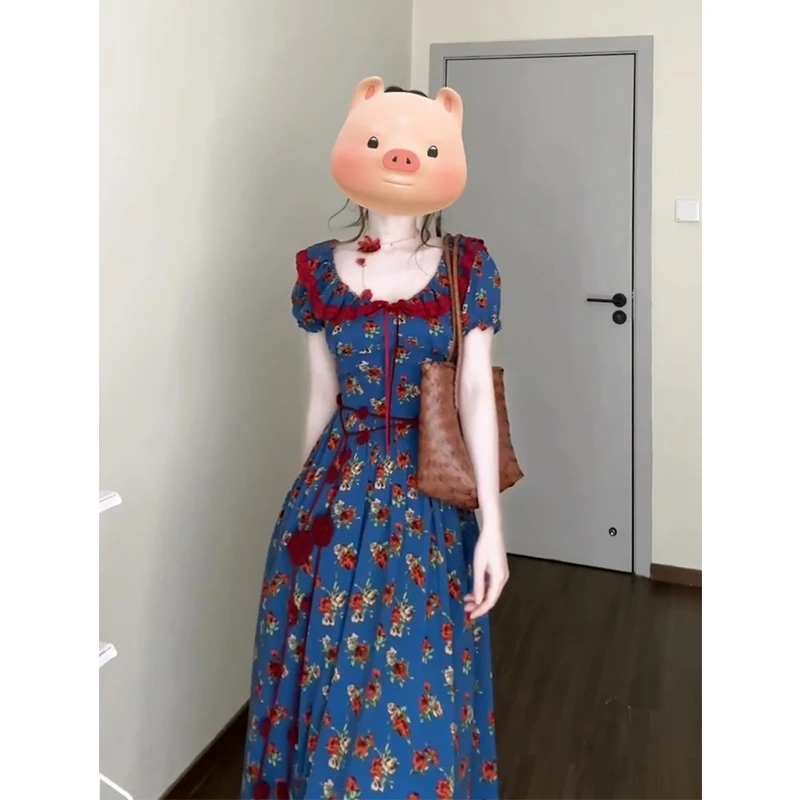 连衣裙女2025春夏新款女法式复古碎花收腰显瘦泡泡袖中长款裙子