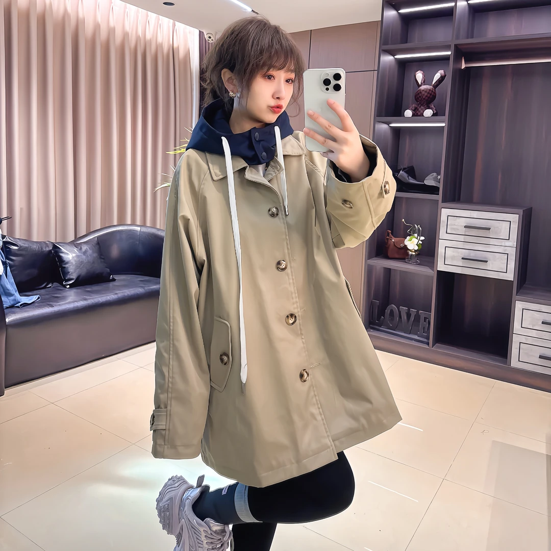 英伦风高端廓形拼色短款风衣女春款韩版宽松休闲外套欧货洋气上衣