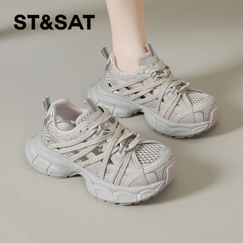 星期六老爹鞋女款2025夏季新款透气时尚百搭镂空轻便厚底运动鞋子