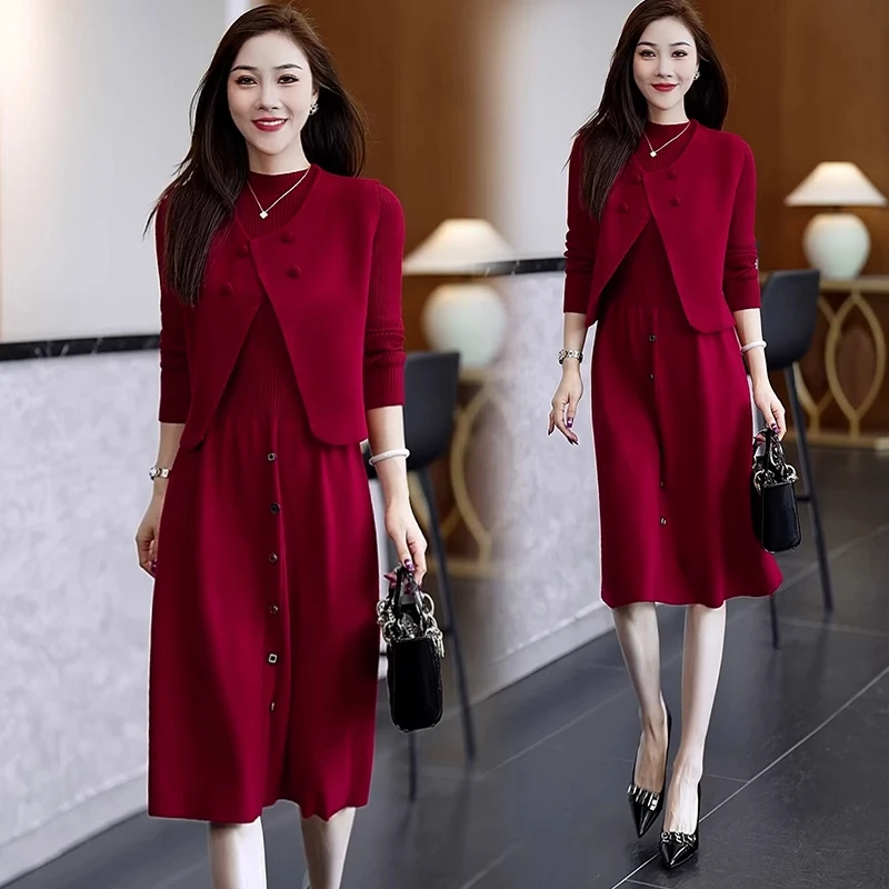 时尚针织连衣裙女2025春秋新款洋气质显瘦减龄马甲毛衣裙两件套裙