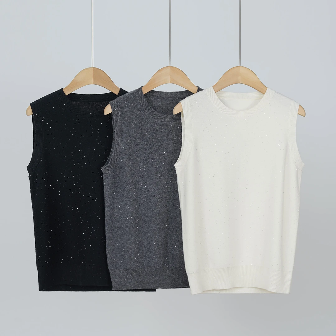 【灿若星河】意奢L*P早秋双股26支精纺羊毛珠片纱女士背心（251464t）