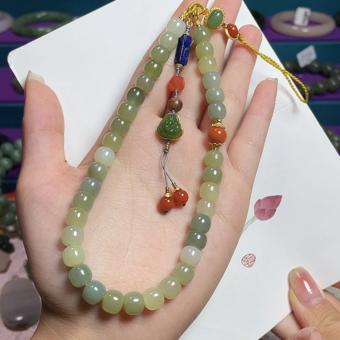 和田玉银S925镀金镶嵌颈饰蓝皮黄口手机挂