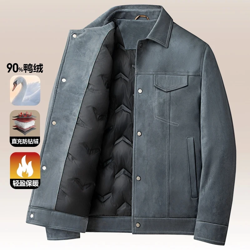 【轻薄羽绒外套】90白鸭绒翻领冬季时尚男士仿麂皮商务休闲多袋上衣