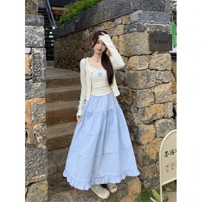 春秋新款甜美奶系穿搭吊带开衫纯欲辣妹碎花蓬蓬半身裙三件套装女