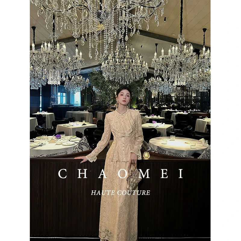 冯（CHAOMEI【梦巴黎】蕾丝料时尚套装收腰秋冬气质显瘦外套+半裙