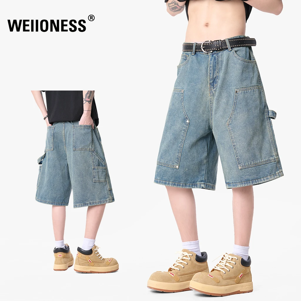 WEIIONESS牛仔短裤男士夏季薄款复古水洗做旧直筒中裤高级感男装