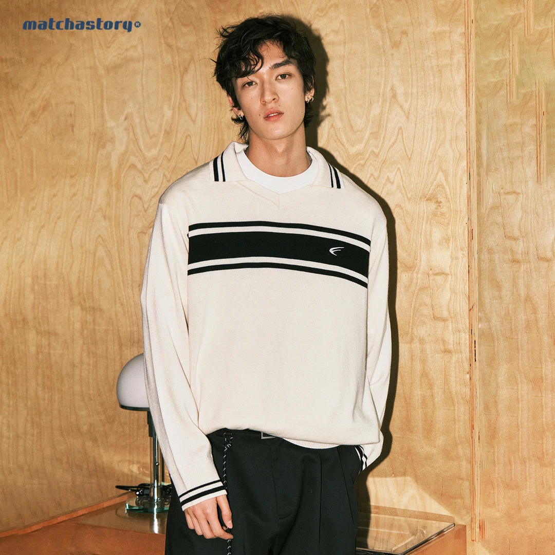 抹茶故事条纹撞色polo领毛衣男女秋冬新款宽松针织衫M25601719