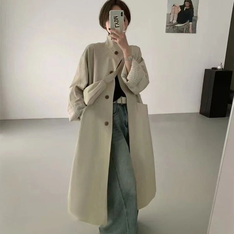 米白色条纹上衣2025秋冬小个子韩系中长款宽松立领爆款风衣外套