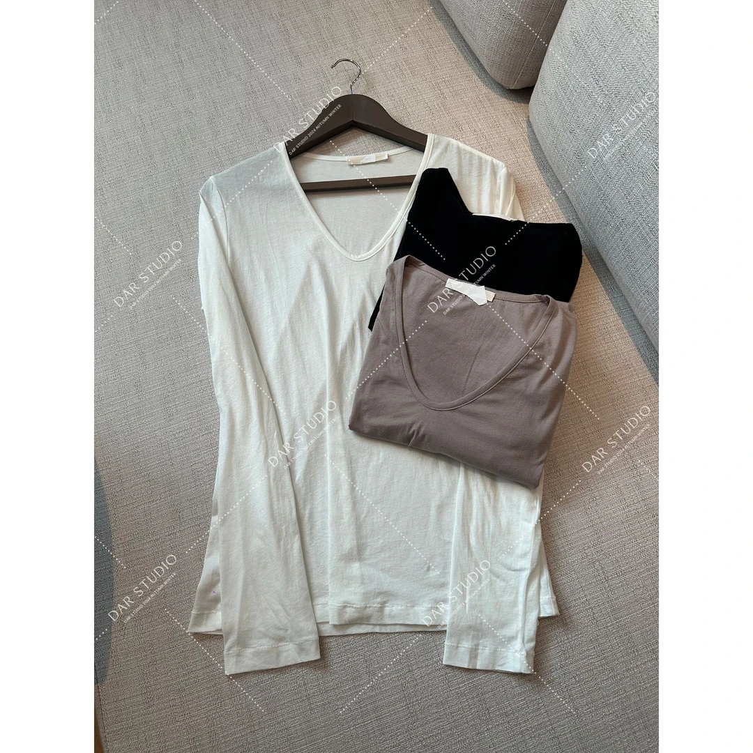 DAR STUDIO 深圳货【灵感极简】2025早春新款纯棉V领长袖T恤86161