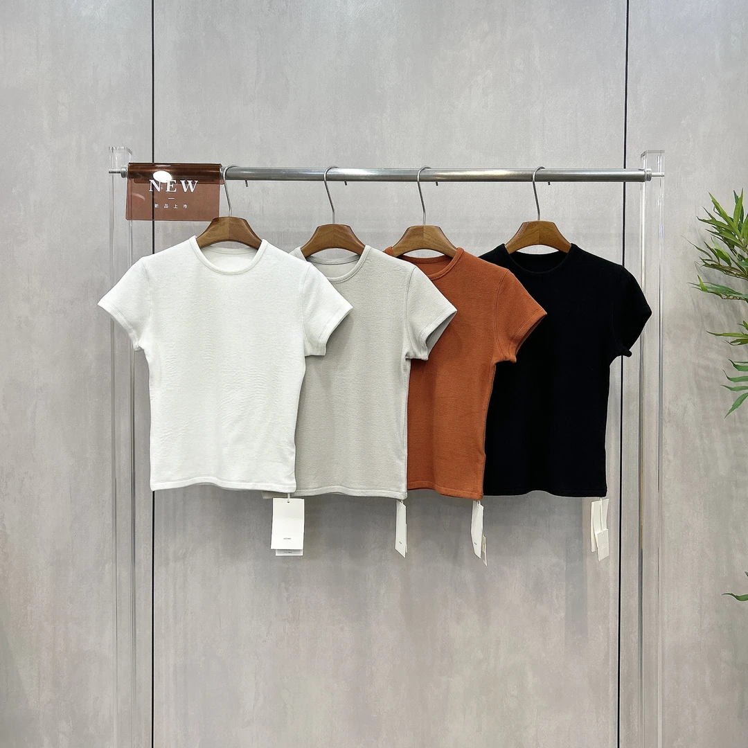 欧洲站冬季圆领正肩修身磨毛德绒短袖T恤女净版简约打底衫AT1118