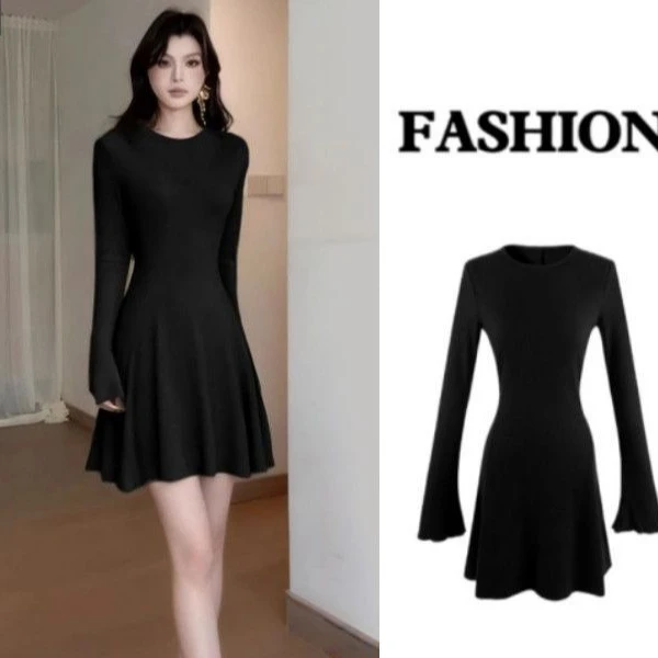 黑色修身针织连衣裙秋冬短款伯克利裙子韩系穿搭初冬打底裙内搭