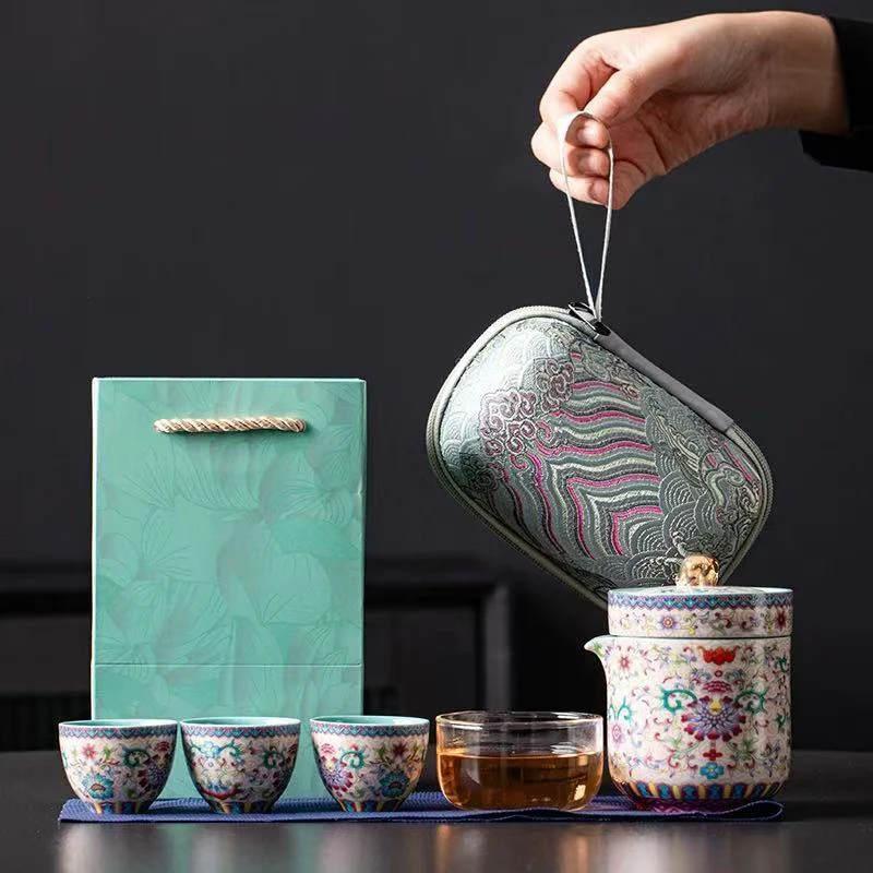 寻也造物珐琅彩快客杯一壶四杯便携式旅行茶具A25