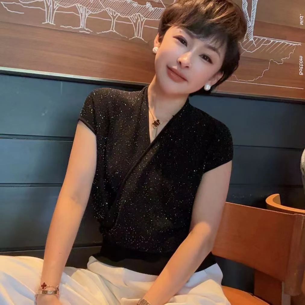 【流光坠夜】时尚百搭交叉领针织短袖 MG8229