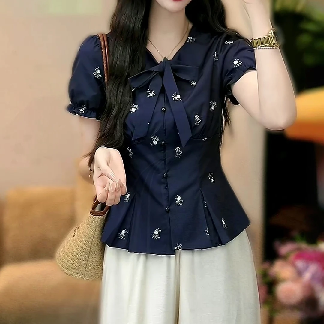 法式甜美蝴蝶结泡泡袖碎花衬衫2025夏季新款气质减龄显瘦收腰上衣