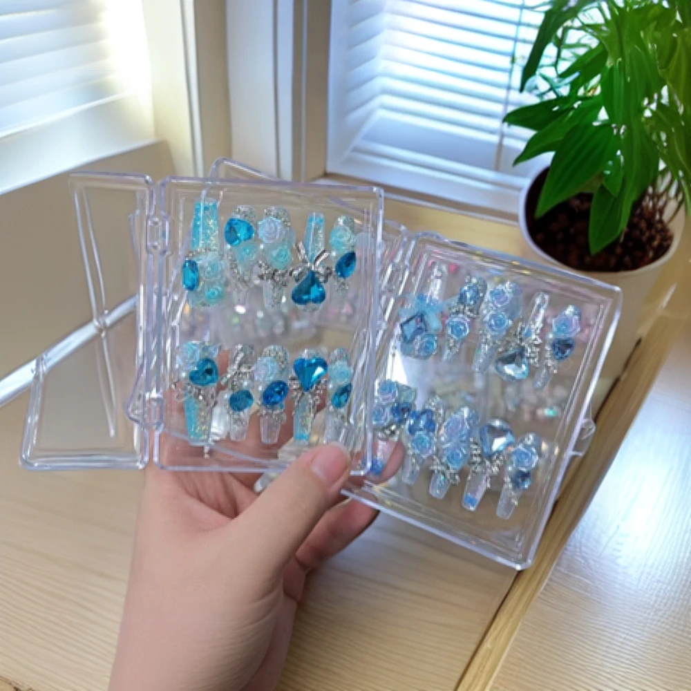 手工极光冰透炫彩爆闪流沙穿戴甲彰显女神气质美甲钻蓝色精致镶钻