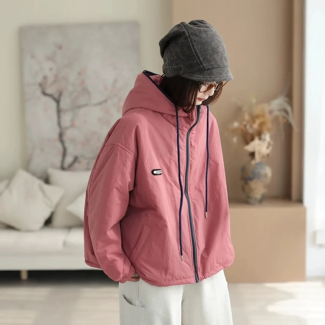 棉服外套女2025年秋冬新款文艺休闲连帽百搭宽松简约气质女装上衣