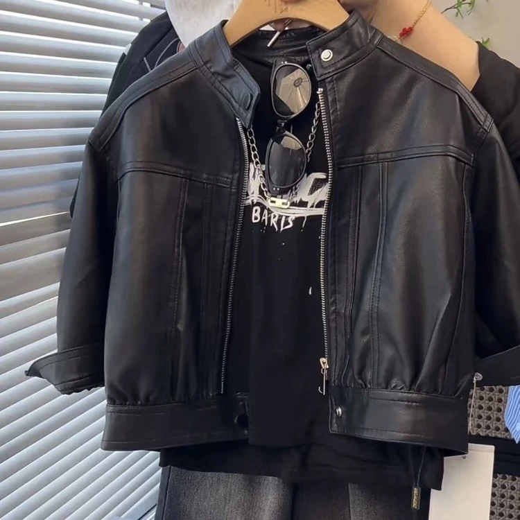 2025春秋新款儿童外套新品男女宝宝百搭纯色皮夹克短款皮风衣潮