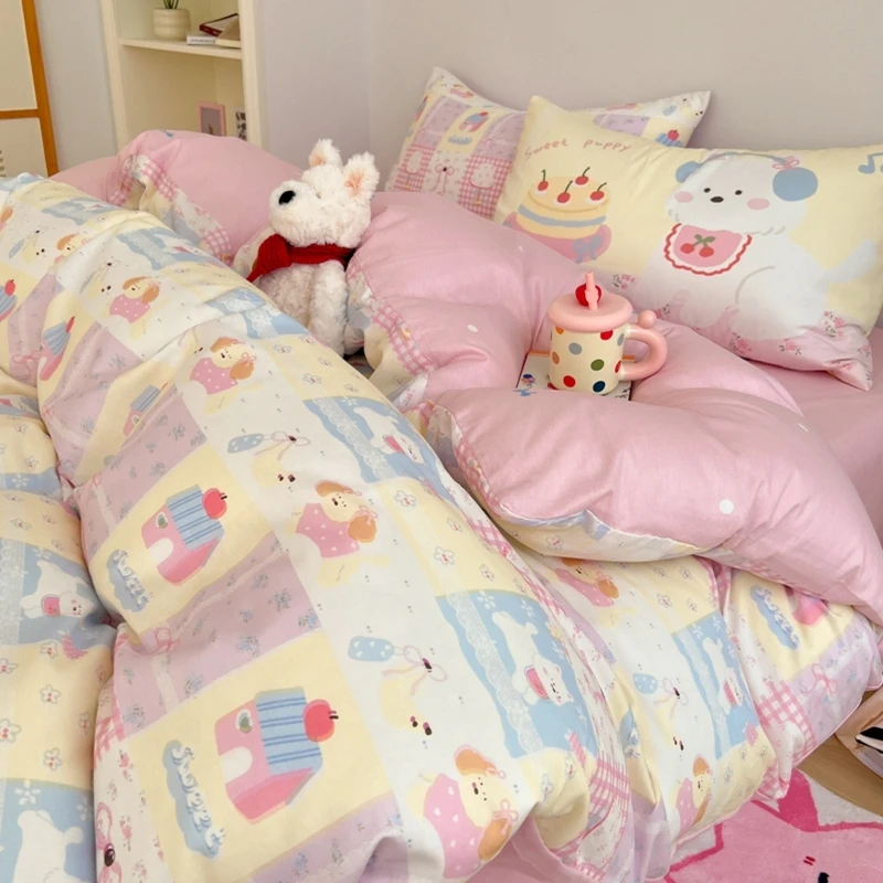 猫咪日记ins卡通小动物全棉纯棉混搭枕套四件套柔软亲肤床品床单