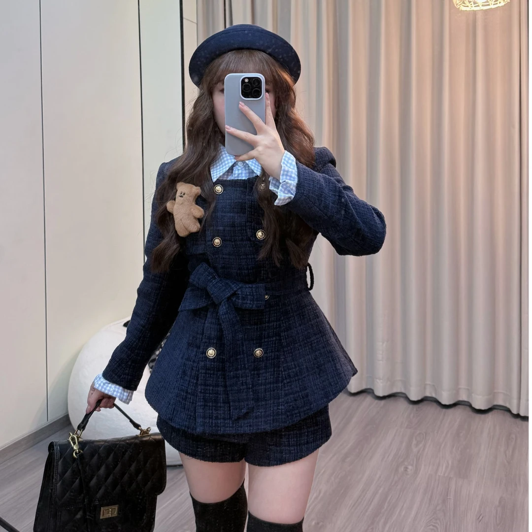 【芝士不熬夜】2025小个子复古赫本风藏蓝小香风套装