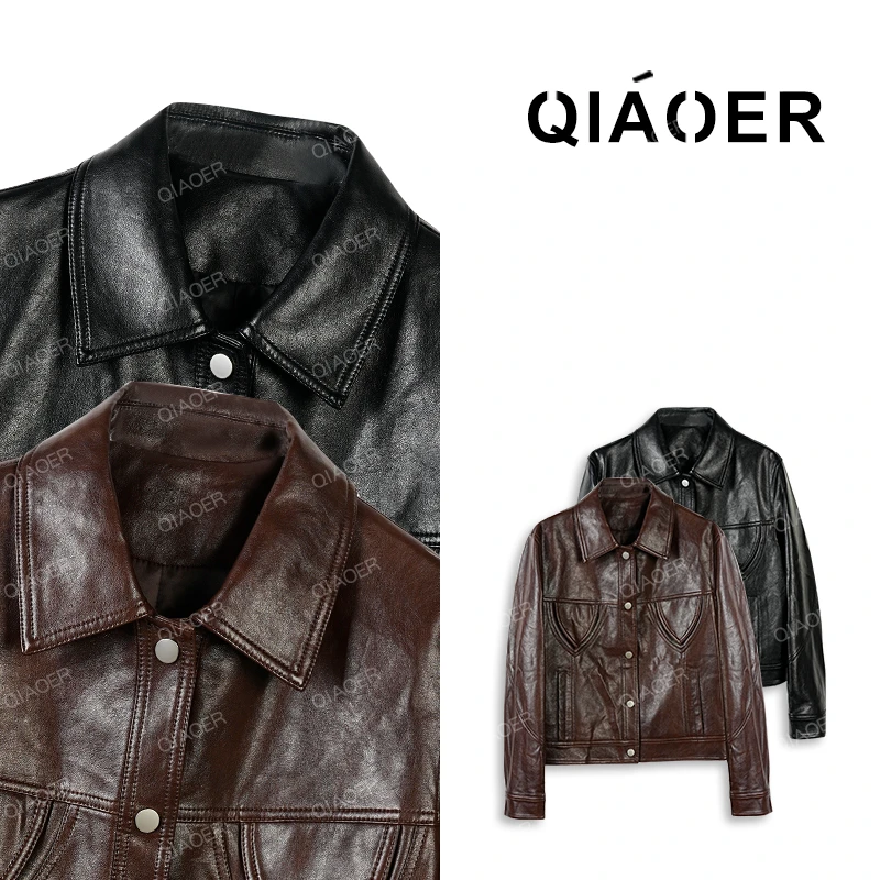 乔儿定制【引力场】轻奢时尚百搭复古皮衣翻领港风秋冬蛋白皮短外套