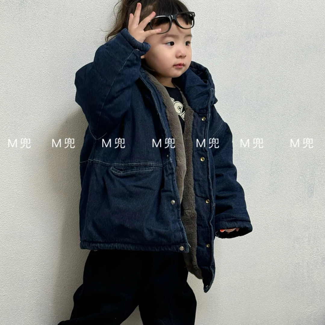 24年冬季新款牛仔加厚韩版男女同款儿童牛仔外套