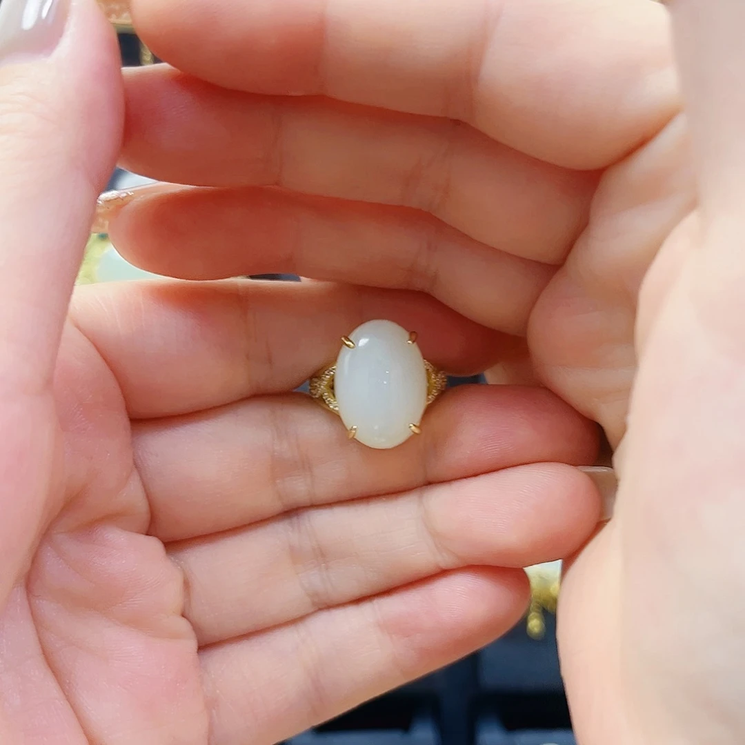 和田玉银S925镀金镶嵌戒指