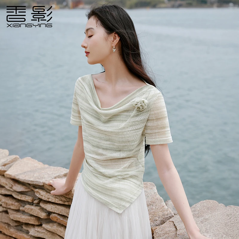 【直播专享】T85S573 T恤 香影荡领正肩女短袖夏季新款渐变立体